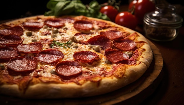 Photo close-up d'une pizza au pepperoni classique sur une table en bois et un fond flou sombre