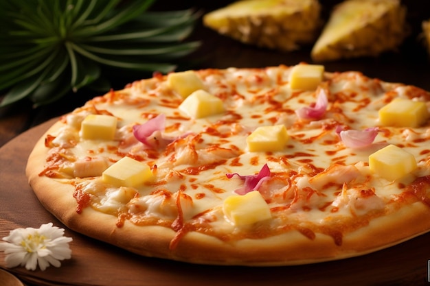 Close-up d'une pizza hawaïenne avec des tranches de poulet grillé