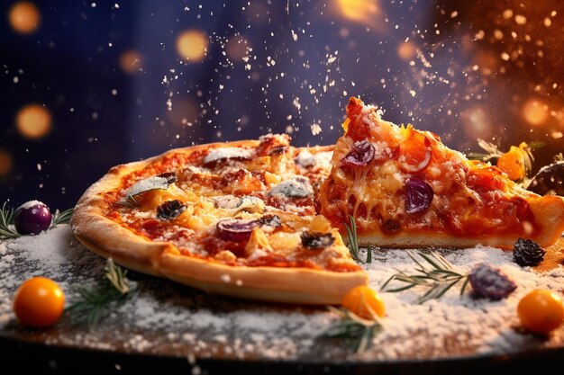 Close up pizza léviter sur un fond de thème d'hiver