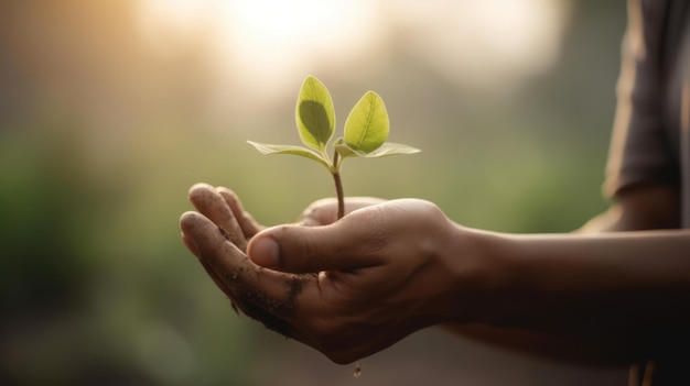 Close Up Plant dans les mains des hommes Soins de l'environnement Concept d'écologie AI générative