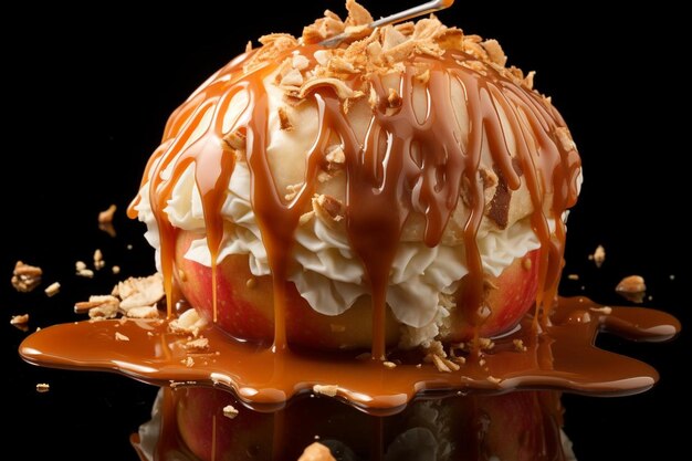 Photo close-up d'une pomme au caramel avec une goutte de chocolat blanc meilleure photographie de pommes
