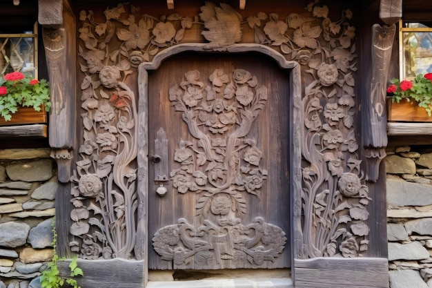 Close-up d'une porte élaborée d'un chalet de montagne