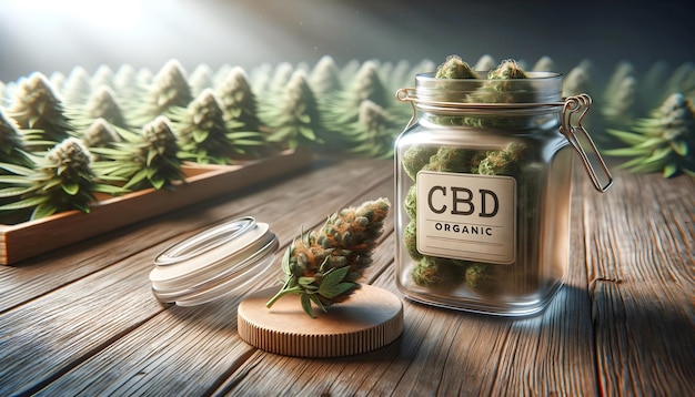 Photo close-up d'un pot en verre rempli de bourgeons de marijuana avec le texte cbd sur une table en bois concept de marijuana médicale