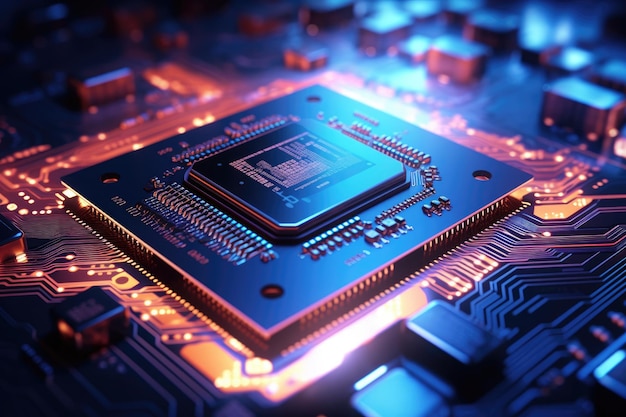 Close-up d'une puce CPU avec des circuits lumineux macro prise de vue de l'arrière-plan de la carte de circuit électronique Ai générer