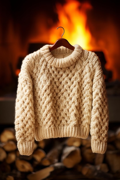 Photo close-up d'un pull en laine avec un fond de cheminée illustration générée par l'ia