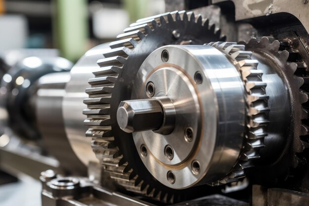 Close-up d'un réducteur de vitesse monté sur une machine industrielle lourde dans une installation de fabrication