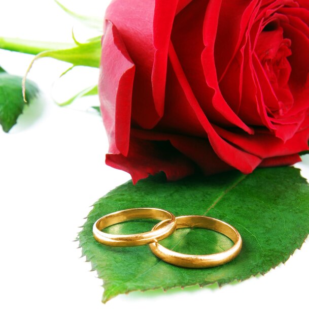 Close-up d'une rose rouge et d'une bague de mariage sur fond blanc