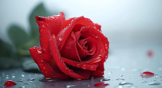 Close-up d'une rose rouge recouverte de rosée allongée sur une surface humide avec un fond bleu flou