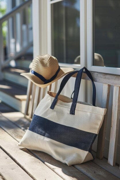 Close-up d'un sac de plage d'été et d'un chapeau sur une plage de sable