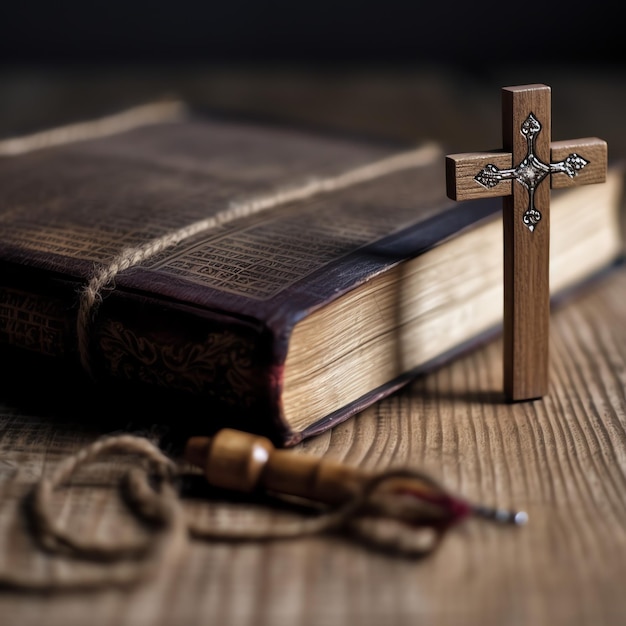 Close-up d'une sainte bible et d'une croix chrétienne sur une table en bois Bon vendredi ou concept religieux