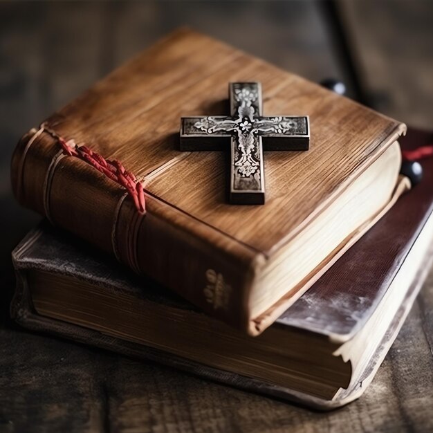 Photo close-up d'une sainte bible et d'une croix chrétienne sur une table en bois bon vendredi ou concept religieux
