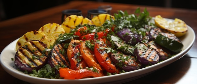 Close-up d'une salade de légumes grillés colorés avec courgette d'aubergine et paprika mettant en évidence un repas de barbecue fraîchement appétissant