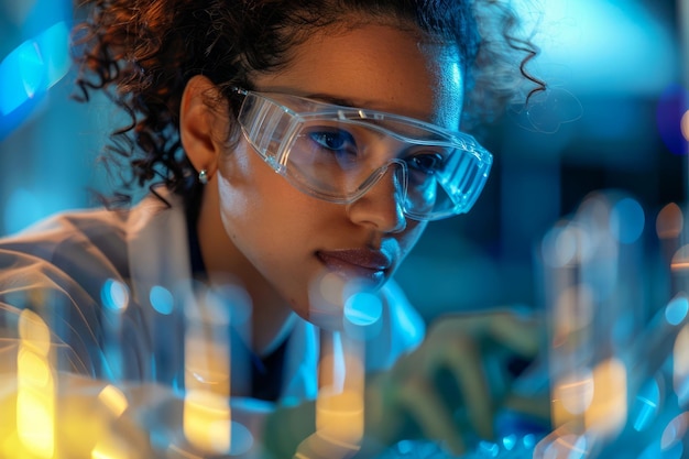 Photo close-up d'une scientifique focalisée examinant des spécimens en laboratoire avec un éclairage bleu futuriste