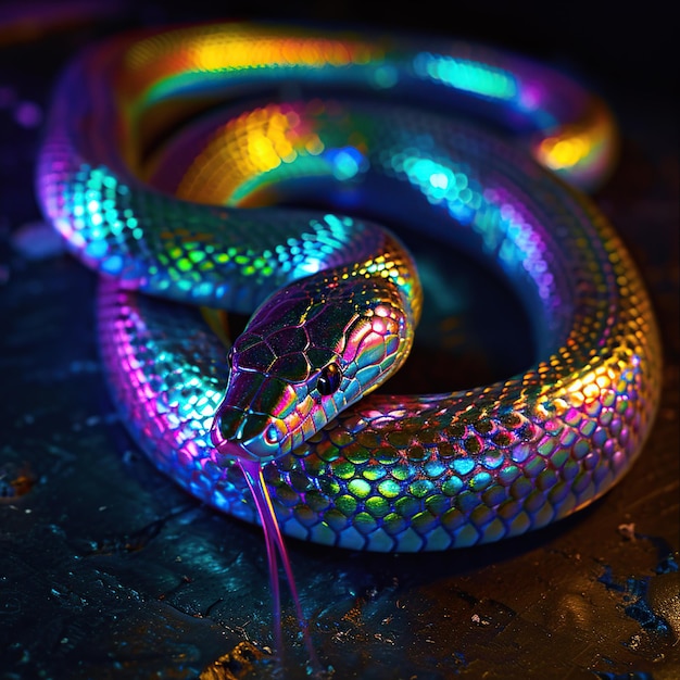 Photo close-up d'un serpent de couleur néon à la lumière du néon sur un fond sombre rendu en 3d