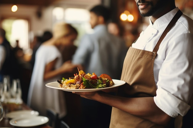 Close-up d'un serveur inconnaissable servant de la nourriture aux invités pendant le déjeuner dans un restaurant