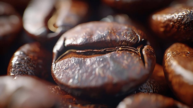 Photo close-up d'un seul grain de café le grain est brun foncé et torréfié avec une surface brillante il est en focus avec l'arrière-plan flou