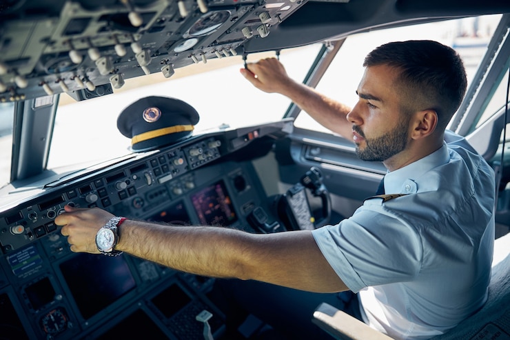 Photo close up side view portrait beau mâle confiant en uniforme assis sur la chaise pendant qu'il vérifie le système de l'avion