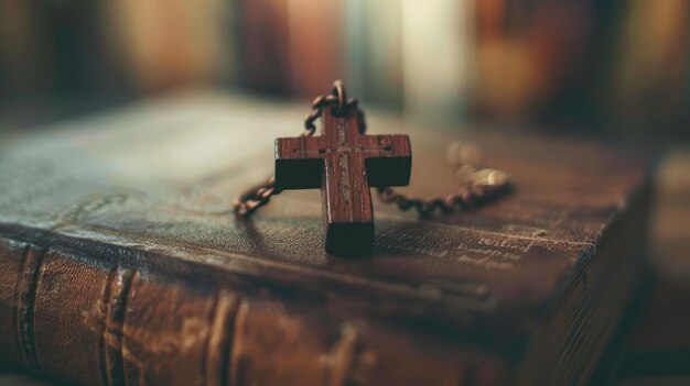 Photo close-up d'un simple collier de croix chrétienne en bois sur un dieu de ton vintage de la bible