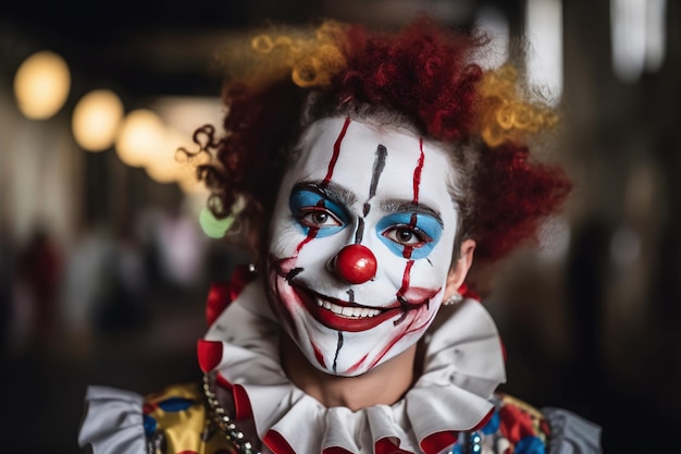 Close up smiling clown avec nez rouge e cheveux bouclés