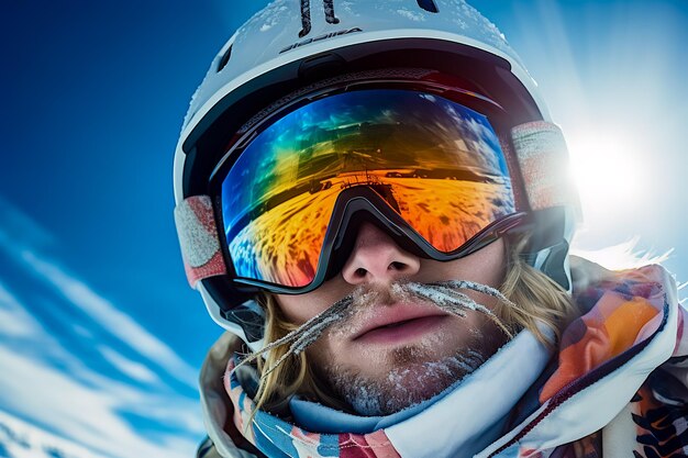 Close-up d'un snowboarder vêtu de lunettes dans la neige