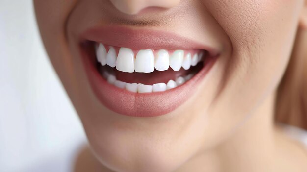 Close-up d'un sourire de femme avec des dents blanches et des lèvres roses