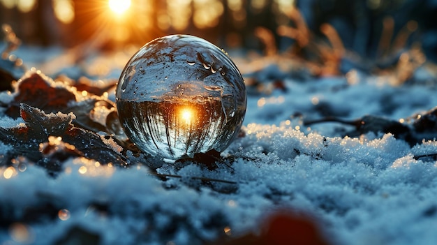 Close-up d'une sphère de verre dans un paysage hivernal