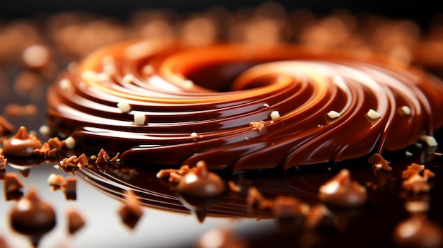 Photo close up de la spirale de chocolat un bonbon sucré sur un fond sombre