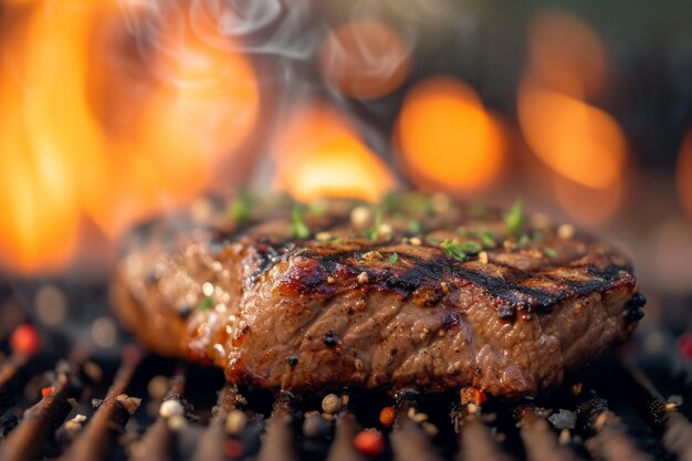 Close-up d'un steak gourmet parfaitement grillé avec un fond bokeh