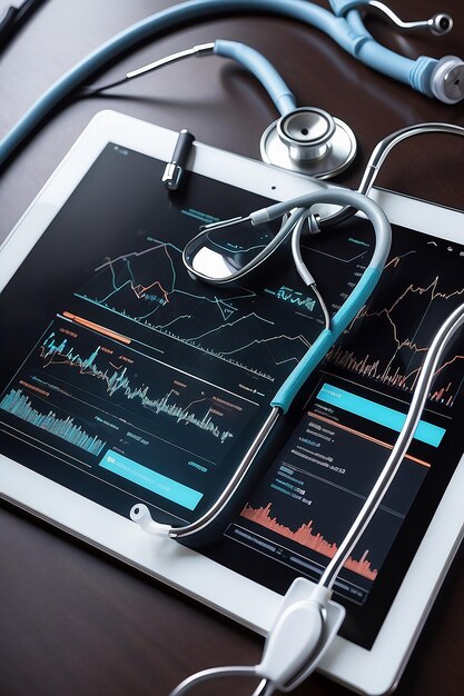 Close-up d'un stéthoscope et d'une tablette numérique avec un dossier médical électronique virtuel