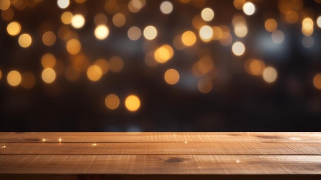 Photo close-up d'une table en bois vide en arrière-plan de lumière bokeh concept de style de vie pour les pauses et les vacances