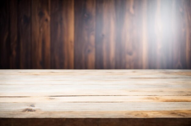 Close-up d'une table en bois vide avec un fond flou sur un mur en bois Photo de haute qualité