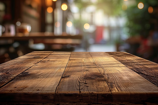 Close-up d'une table en bois vide avec un fond flou d'un restaurant