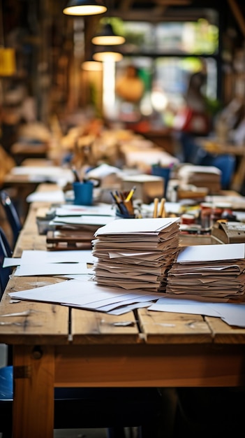 Close-up d'une table négligée avec un fond de collègues