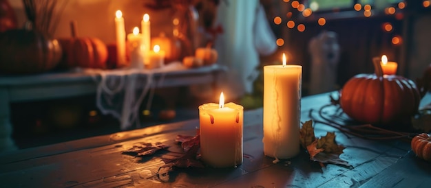 Close-up d'une table à thème d'Halloween avec des bougies allumées dans une pièce faiblement éclairée