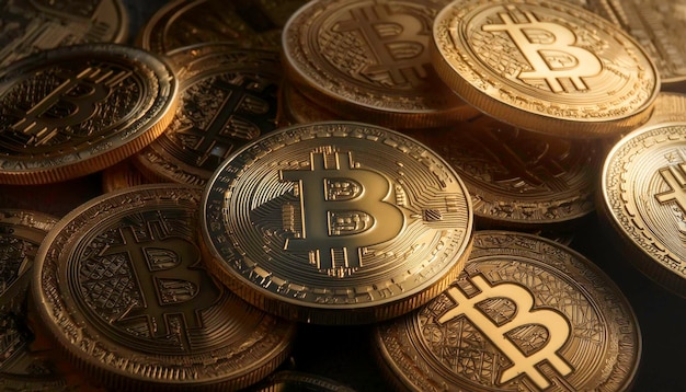 Photo close-up d'un tas de répliques de bitcoins symbolisant la richesse de la crypto-monnaie