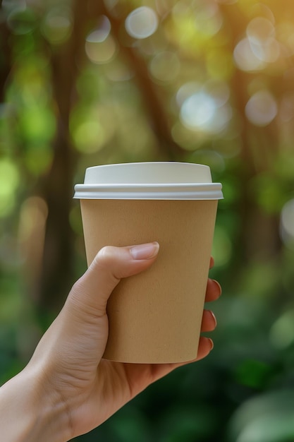 Close-up d'une tasse de café en papier tenue à la main avec un fond flou pour le placement du texte