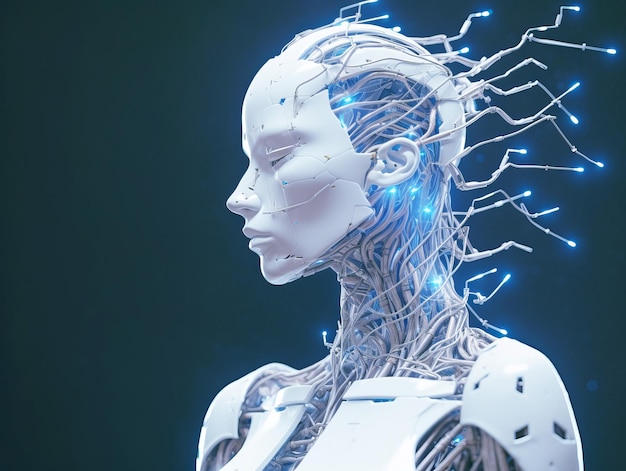 Close-up d'une tête de cyborg blanche avec une robotique de réseau neuronal et un concept d'intelligence artificielle IA générative