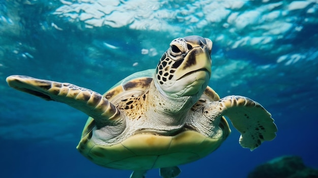 Close-up d'une tortue de mer verte nageant sous l'eau sous les lumières frais pour les concepts de la nature