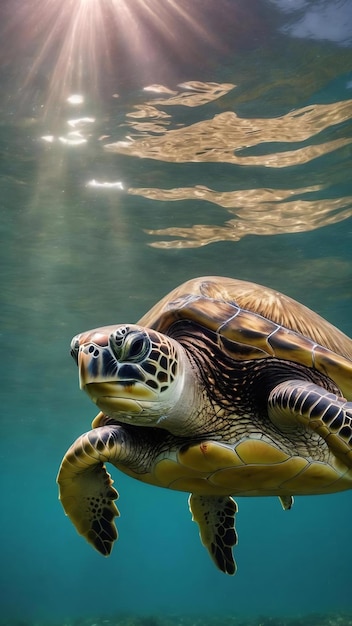 Close-up d'une tortue de mer verte nageant sous l'eau sous les lumières