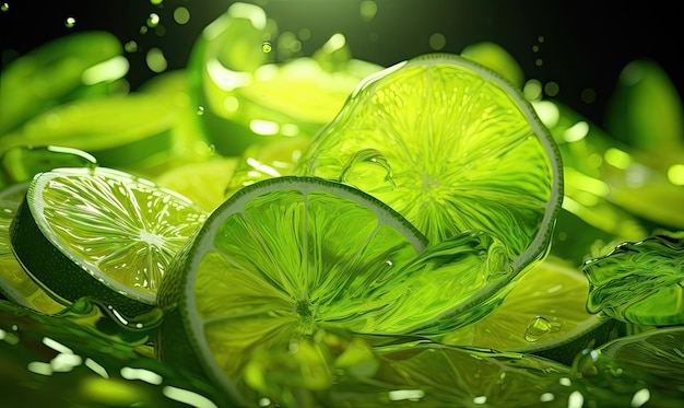 Close-up de tranches de citron vert vibrantes ornées de gouttelettes d'eau sur un fond de feuillage frais Idéal pour les campagnes culinaires et de boissons pour la santé Créé avec des outils d'IA génératifs