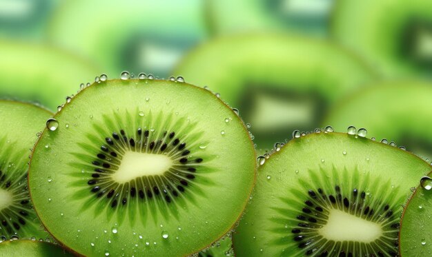 Close-up de tranches de kiwi juteuses ornées de gouttes d'eau Parfait pour les publicités de boissons culinaires et rafraîchissantes créées avec des outils d'intelligence artificielle génératifs