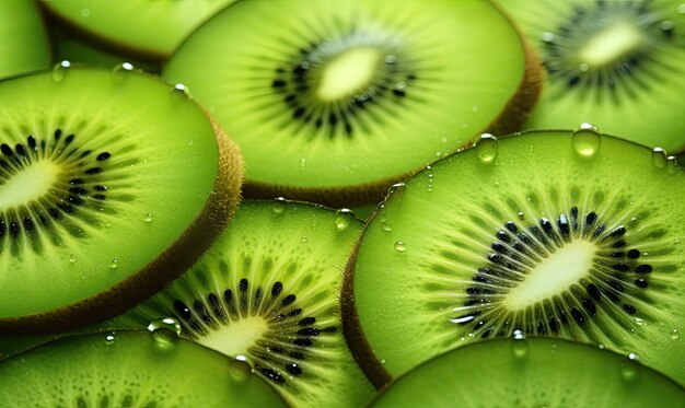 Close-up de tranches de kiwi juteuses ornées de gouttes d'eau Parfait pour les publicités de boissons culinaires et rafraîchissantes créées avec des outils d'intelligence artificielle génératifs