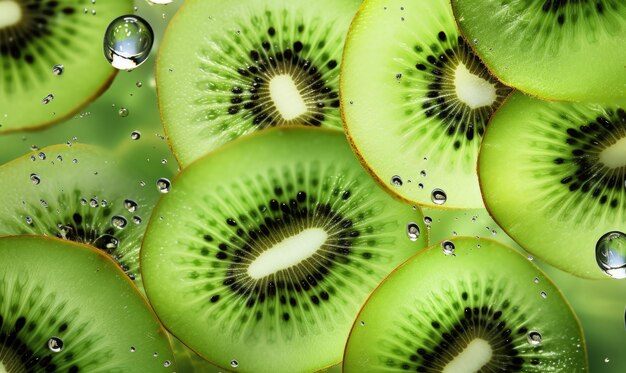 Close-up de tranches de kiwi juteuses ornées de gouttes d'eau Parfait pour les publicités de boissons culinaires et rafraîchissantes créées avec des outils d'intelligence artificielle génératifs