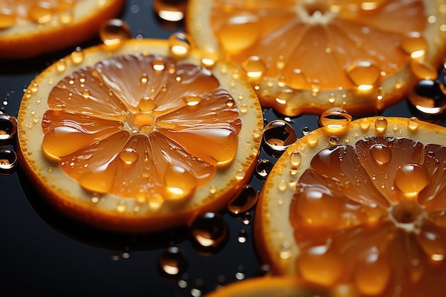 Close-up de tranches d'orange vibrantes avec des perles d'eau étincelantes sur un fond sombre pour un effet dramatique