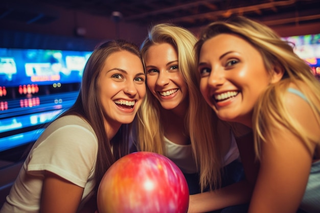 Close-up de trois amies qui s'amusent en jouant au bowling. Focus sélectif sur la balle de bowling.