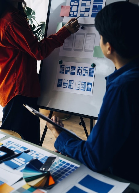 Close up ux développeur et ui concepteur brainstorming sur l'interface d'application mobile wireframe conception sur la table avec le client breif et le code couleur au bureau moderne agence de développement numérique créatif
