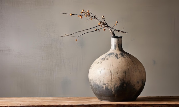 Close-up d'un vase d'argile japonais rustique dans le style wabisabi mettant en valeur les imperfections naturelles et la simplicité créé avec des outils d'IA génératifs