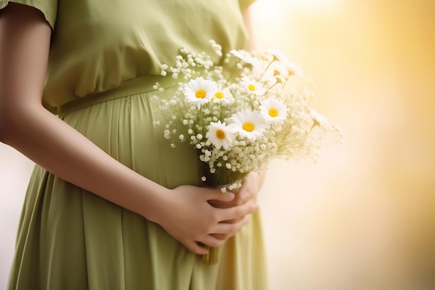 Close-up sur le ventre d'une femme enceinte portant une longue robe verte tenant un bouquet de marguerites