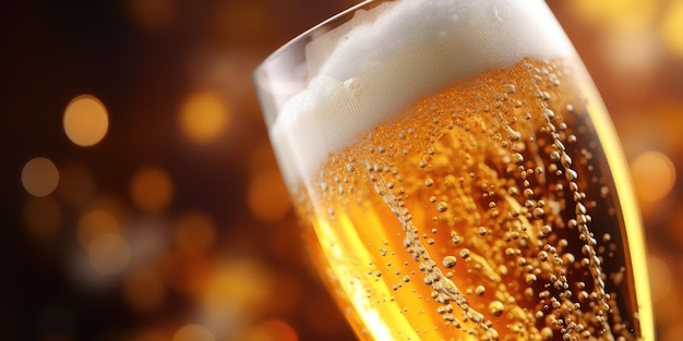 Photo close-up d'un verre de bière mousseux avec des bulles dorées et un bokeh chaud