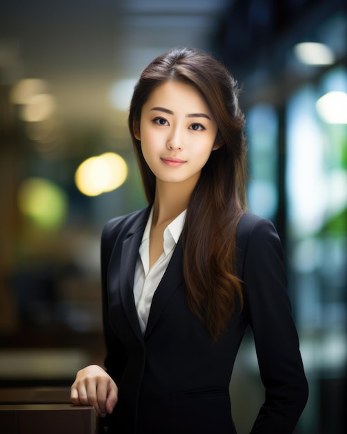 Close up vertical d'une femme d'affaires japonaise avec son espace de travail sur l'arrière-plan
